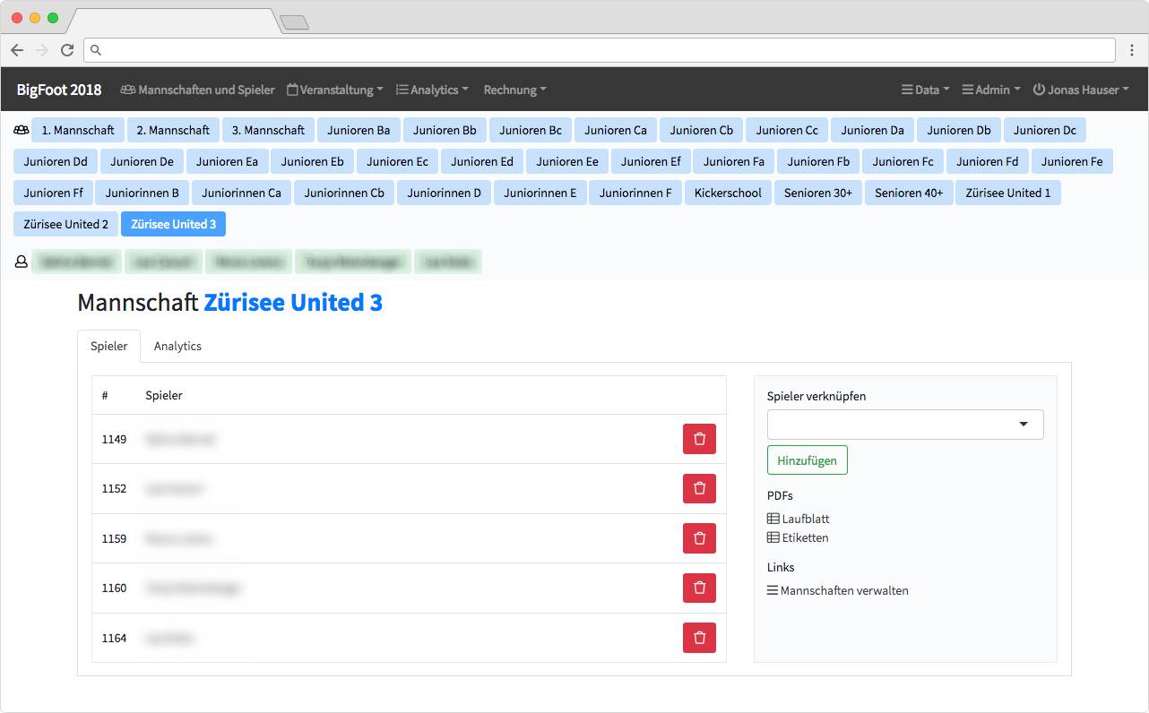 BigFoot Web-Anwendung — Übersicht des Sponsoring-Events